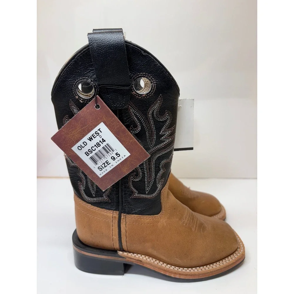 Old West Kids Brown Black Leather Square Toe Cowboy Boots BSC1814 Size 9.5 D